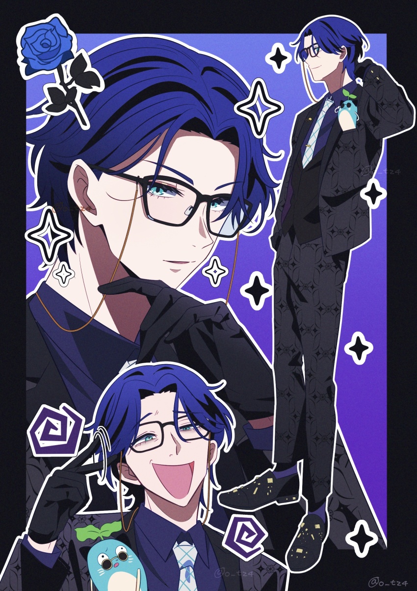 1boy absurdres animal animal_in_clothes aqua_eyes black-framed_eyewear black_gloves black_jacket black_pants black_shoes black_vest blue_flower blue_hair blue_rose blue_shirt blue_socks collared_shirt eyewear_strap finger_to_head finger_twirl flower formal_clothes glasses gloves grey_necktie highres jacket kakaramama leos_vincent leos_vincent_(3rd_costume) male_focus mameneko_(leos_vincent) multiple_views necktie nijisanji open_clothes open_jacket outline pants rose shirt shoes short_hair socks sparkle suit_jacket twitter_username vest virtual_youtuber white_outline