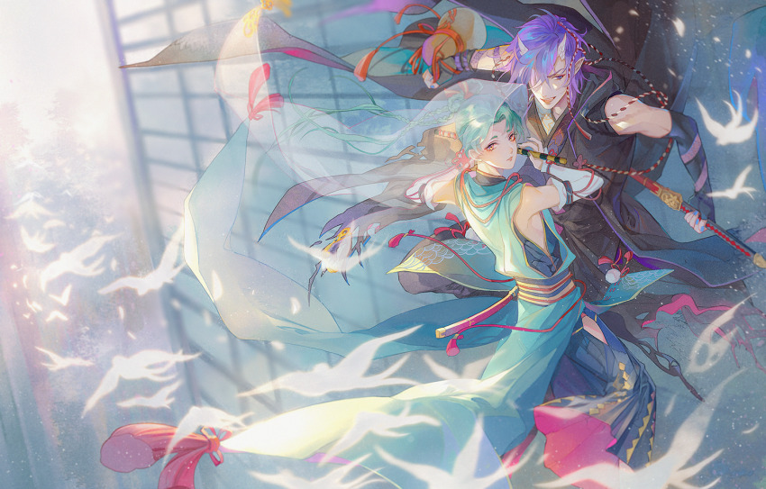 2boys aqua_hair bird bishounen black_gloves blue_hair detached_sleeves earrings flower gloves green_hair hair_flower hair_ornament holding icchi_banketsu japanese_clothes jewelry long_hair male_focus multiple_boys open_mouth purple_eyes purple_hair short_hair smile sword tassel veil weapon wide_sleeves yellow_eyes yinzinmiemie