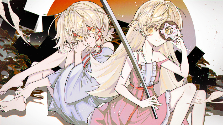 2girls bare_shoulders barefoot blonde_hair blush deathtopia_virtuoso_suicide-master donut dress end_card endo_(takolegs) flat_chest food hair_ribbon holding holding_donut holding_food long_hair looking_at_viewer monogatari_(series) multiple_girls official_art orange_eyes oshino_shinobu pink_dress ribbon short_hair sitting smile