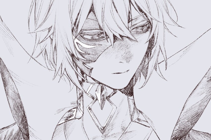 1boy cape closed_mouth coat dainsleif_(genshin_impact) genshin_impact gold_trim greyscale highres kaimochi0839 looking_to_the_side mask_over_one_eye monochrome simple_background solo sparkling_eyes upper_body