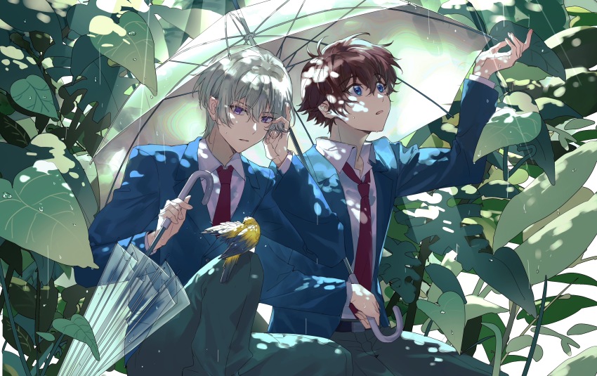 2boys absurdres belt belt_buckle bird bird_on_knee bishounen black_belt blazer blue_eyes blue_jacket brown_hair buckle character_request chinese_commentary closed_umbrella collared_jacket collared_shirt commentary_request copyright_request day denglong_jian feet_out_of_frame fingernails green_pants hair_between_eyes hand_in_own_hair highres holding holding_umbrella jacket knee_up lapels layered_sleeves leaf long_sleeves looking_at_animal looking_up male_focus multiple_boys necktie notched_lapels open_clothes open_jacket outdoors outstretched_hand pants parted_lips purple_eyes rain red_necktie school_uniform shared_umbrella shirt short_hair sitting transparent transparent_umbrella umbrella water_drop white_hair white_shirt yellow_bird