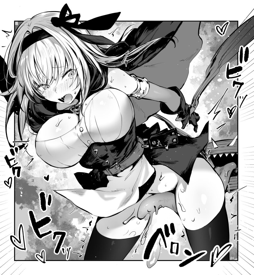 1girl absurdres bare_shoulders bottomless breasts capelet cleavage cunnilingus dress gloves greyscale highres large_breasts long_tongue medium_hair mimic monochrome oral original piratescat01 saliva sharp_teeth solo_focus strapless strapless_dress teeth thighhighs tongue