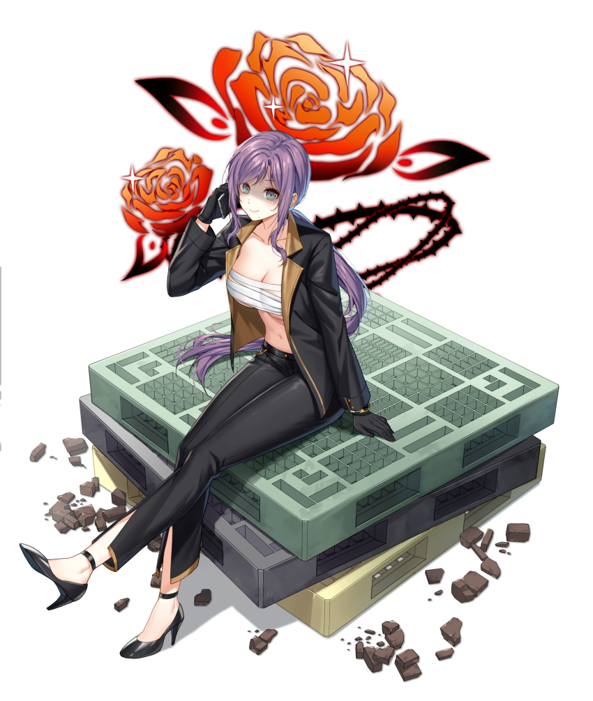 1girl aeri_(closers) black_gloves black_jacket black_pants black_shoes blue_eyes breasts chest_sarashi cleavage closed_mouth closers collarbone full_body gloves hand_up high_heels highres holding holding_phone jacket large_breasts long_hair long_sleeves looking_at_viewer low_ponytail mole mole_under_mouth navel official_art open_clothes open_jacket pants phone ponytail purple_hair sarashi shaded_face shoes simple_background sitting smile solo stomach very_long_hair white_background