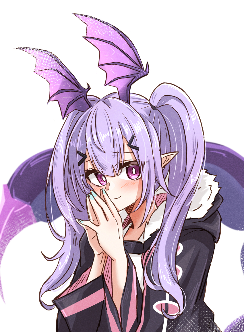 1girl absurdres arknights black_jacket blush bright_pupils closed_mouth commentary fur_trim hair_ornament hairclip head_wings highres jacket long_hair looking_at_viewer maiq06 manticore_(arknights) one-hour_drawing_challenge own_hands_together palms_together pointy_ears purple_eyes purple_wings simple_background smile solo twintails upper_body white_background white_pupils wings
