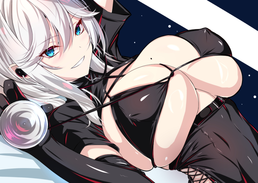 akeyama_kitsune azur_lane blue_eyes mole smile tight_clothes washington_(azur_lane) washington_(making_the_rounds)_(azur_lane) white_hair