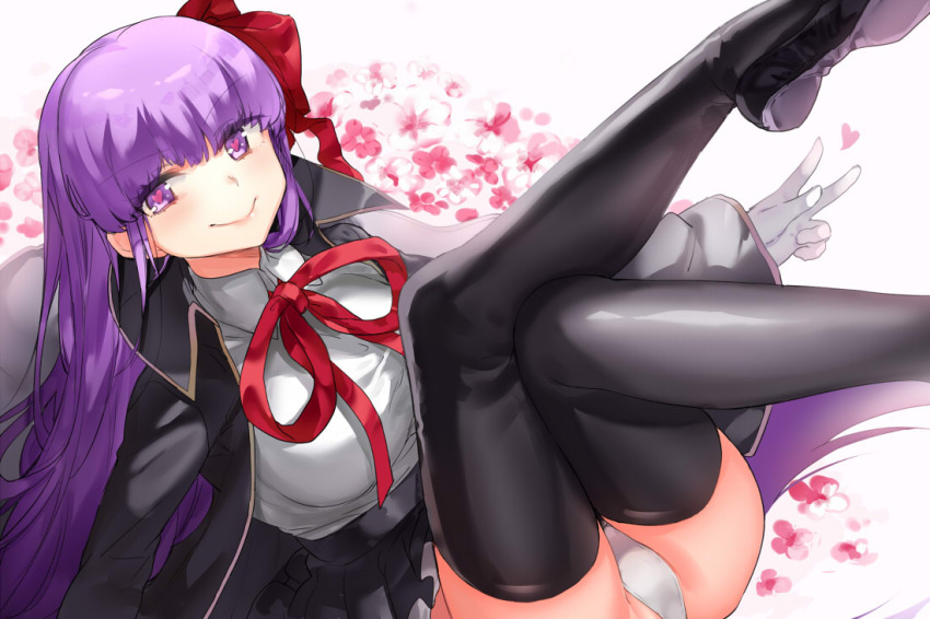 10s 1girl bb_(fate) bb_(fate/extra) black_thighhighs bow breasts fate/extra fate/extra_ccc fate_(series) female_focus flower gloves hair_bow large_breasts legs_up looking_at_viewer naso4 purple_eyes purple_hair red_bow smile smirk solo thighhighs white_gloves white_thighhighs
