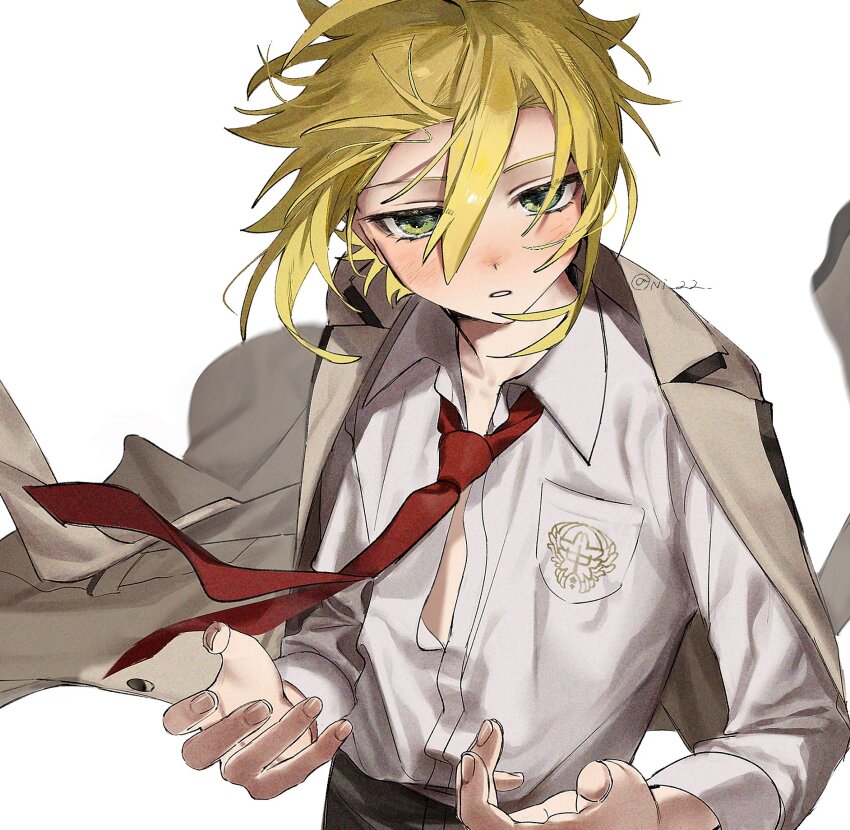 1boy black_pants blonde_hair collared_shirt commentary_request green_eyes grey_jacket highres jacket jacket_on_shoulders looking_at_viewer male_focus necktie ni_22 nijisanji open_hands pants parted_lips red_necktie shirt simple_background solo twitter_username upper_body uzuki_kou uzuki_kou_(3rd_costume) virtual_youtuber white_background white_shirt wind