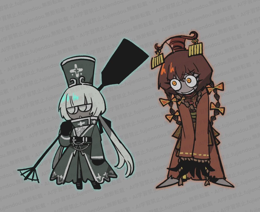 1boy 1girl artist_name black_gloves brown_hair charon_(project_moon) chinese_clothes commentary_request dress fujiendou full_body gloves grey_background grey_dress grey_eyes grey_hair grey_hat guan_hat hat highres holding holding_oar limbus_company long_hair low_twintails oar open_mouth orange_eyes project_moon quad_braids shako_cap smile twintails very_long_hair xue_pan_(project_moon)
