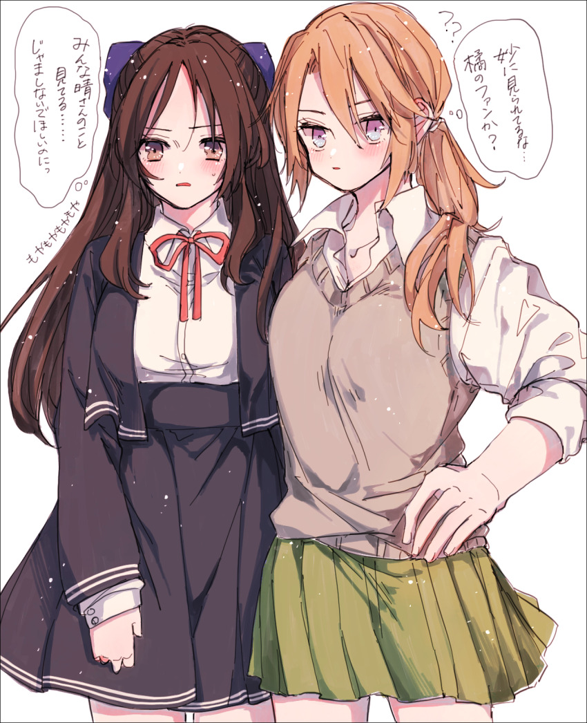 2girls aged_up amane_(7783) black_jacket black_skirt brown_eyes brown_hair brown_sweater_vest collared_shirt commentary_request green_skirt hair_ribbon highres idolmaster idolmaster_cinderella_girls jacket long_hair multiple_girls neck_ribbon orange_hair parted_lips pleated_skirt purple_eyes purple_ribbon red_ribbon ribbon school_uniform shirt simple_background skirt sleeves_rolled_up speech_bubble sweater_vest tachibana_arisu thought_bubble translation_request white_background white_shirt yuuki_haru