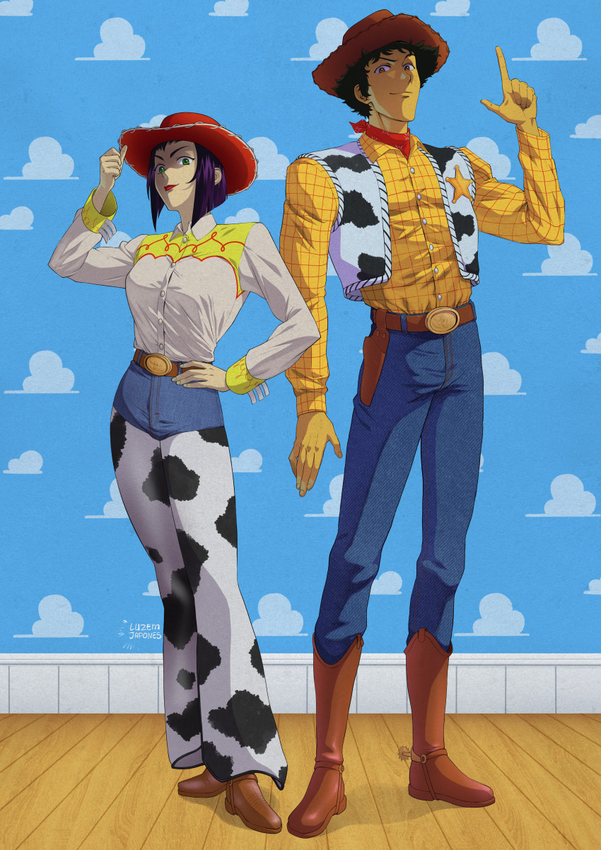 1boy 1girl absurdres bandana blouse blue_background bob_cut boots cosplay cowboy_bebop cowgirl_(western) faye_valentine frilled_shirt frills green_eyes hand_on_own_hip highres jessie_the_yodeling_cowgirl jessie_the_yodeling_cowgirl_(cosplay) messy_hair parody pixar plaid_clothes plaid_shirt purple_hair raised_eyebrows red_bandana shaded_face sheriff_woody sheriff_woody_(cosplay) shirt side-by-side spike_spiegel spurs toy_story white_shirt wooden_floor yellow_shirt