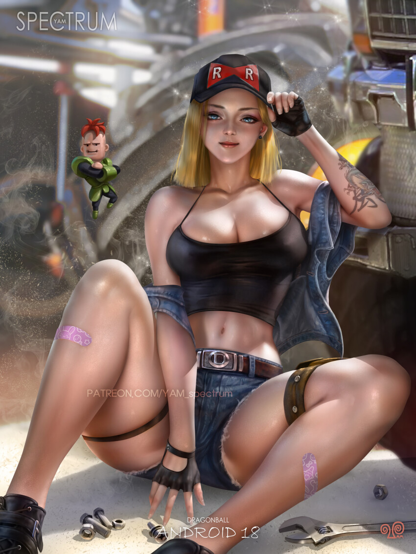 1girl absurdres alternate_costume android_16 android_18 ankle_boots artist_name bandaid bandaid_on_leg baseball_cap belt_buckle between_legs black_boots black_gloves black_tank_top blonde_hair blue_shorts blurry blurry_background boots breasts buckle character_name cleavage copyright_name cutoffs denim denim_jacket denim_shorts deviantart_sample dragon_ball dragonball_z eyeshadow fingerless_gloves fingernails gloves hair_behind_ear hat highres image_sample jacket large_breasts leather_belt legs looking_at_viewer makeup medium_hair midriff mini_person miniboy navel off_shoulder open_clothes open_jacket photo_background pouch realistic red_ribbon_army shorts sitting solo spaghetti_strap straight_hair tank_top thigh_pouch toned watermark web_address wrench yam_spectrum