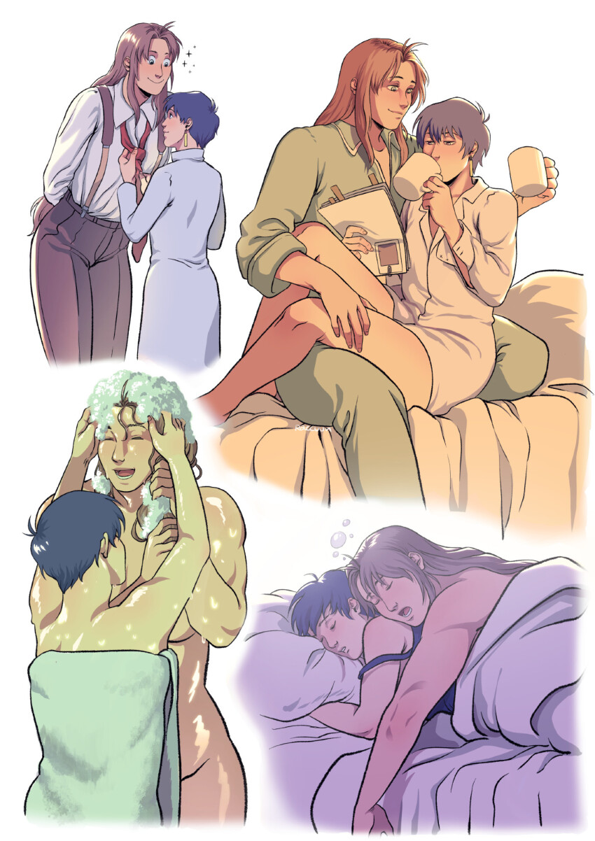 2girls artist_name blue_hair blue_nightgown blush brown_hair brown_pants closed_eyes coat commentary cup dressing_another drinking earrings english_commentary green_pajamas half-closed_eyes hand_under_pillow hands_on_another&#039;s_head head_on_pillow height_difference highres holding holding_cup holding_paper jewelry long_hair meryl_stryfe milly_thompson multiple_girls multiple_views muscular muscular_female naked_towel necktie nightgown nude pajamas pants paper pillow racqueer red_necktie shirt short_hair single_off_shoulder sitting sitting_on_lap sitting_on_person sleeping sleeping_on_person smile soap_bubbles sparkle squeans suspenders towel trigun tying_necktie under_covers washing_another washing_hair white_background white_coat white_shirt yuri