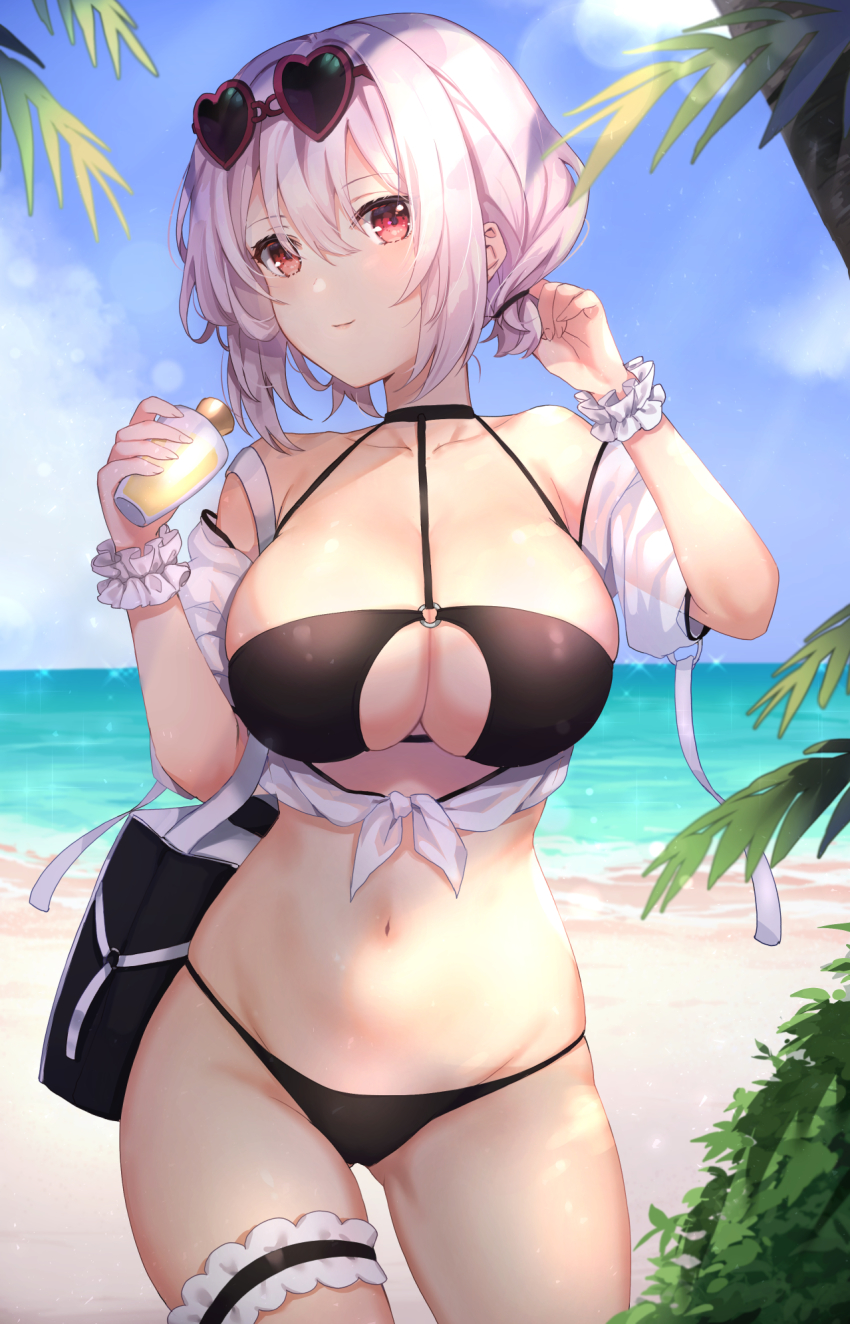 1girl azur_lane bag bare_shoulders beach bikini black_bikini bottle breasts cleavage closed_mouth collarbone commentary_request cowboy_shot day eyewear_on_head female_focus frilled_thigh_strap front-tie_top groin halterneck hands_up heart heart-shaped_eyewear highres holding horizon kon_(k0n16) large_breasts lens_flare looking_at_viewer navel o-ring o-ring_bikini ocean off_shoulder outdoors palm_leaf red_eyes scrunchie see-through_clothes short_hair shoulder_bag sirius_(azur_lane) sirius_(scorching-hot_seirios)_(azur_lane) skindentation smile solo standing stomach sunglasses sunlight swimsuit thigh_strap thighs water white_hair wrist_scrunchie