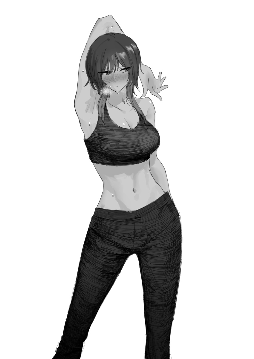 1girl absurdres aketa_mikoto arm_at_side arm_up armpits blush breasts breath cleavage collarbone commentary_request greyscale highres idolmaster idolmaster_shiny_colors kankarka large_breasts long_hair monochrome navel nose_blush pants presenting_armpit simple_background solo sports_bra stomach sweat swimsuit white_background