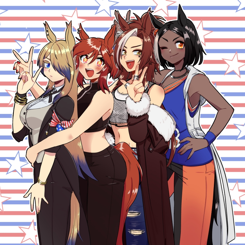 4girls american_flag american_flag_print animal_ears armband basketball_jersey black_coat black_hair black_pants black_ribbon black_shirt blonde_hair blue_eyes blue_hair blue_pants bob_cut bracelet brown_eyes brown_hair butler closed_mouth coat coattails dark-skinned_female dark_skin dress_shirt fishnet_top fishnets flag_print formal_clothes fur-trimmed_coat fur_trim grey_vest hand_on_own_hip highres hood hood_down hooded_shirt horse_ears horse_girl horse_tail hug hug_from_behind jewelry long_hair long_sleeves looking_at_viewer medium_hair michelle_my_baby_(umamusume) midriff multicolored_hair multiple_girls navel neck_ribbon obey_your_master_(umamusume) off_shoulder one_eye_closed open_mouth orange_pants pants piercing red_eyes red_hair ribbon ring sharp_teeth shirt short_twintails sleeveless sleeveless_shirt smile standing star-shaped_pupils star_(symbol) streaked_hair striped_background swept_bangs symbol-shaped_pupils tail teeth thief_crow_(umamusume) tira_(tira_e) tongue_piercing torn_clothes torn_pants trait_connection tuxedo twintails two-tone_hair umamusume umamusume:_cinderella_gray v vest w white_shirt wing_collar yellow_eyes