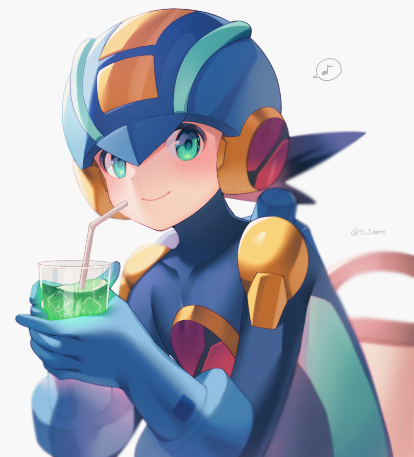 1boy black_hair blue_bodysuit blue_helmet blurry blurry_background bodysuit chair cup green_eyes helmet highres holding holding_cup male_focus mega_man_(series) mega_man_battle_network_(series) megaman.exe musical_note netnavi simple_background sitting solo speech_bubble spiked_hair spoken_musical_note white_background zero-go