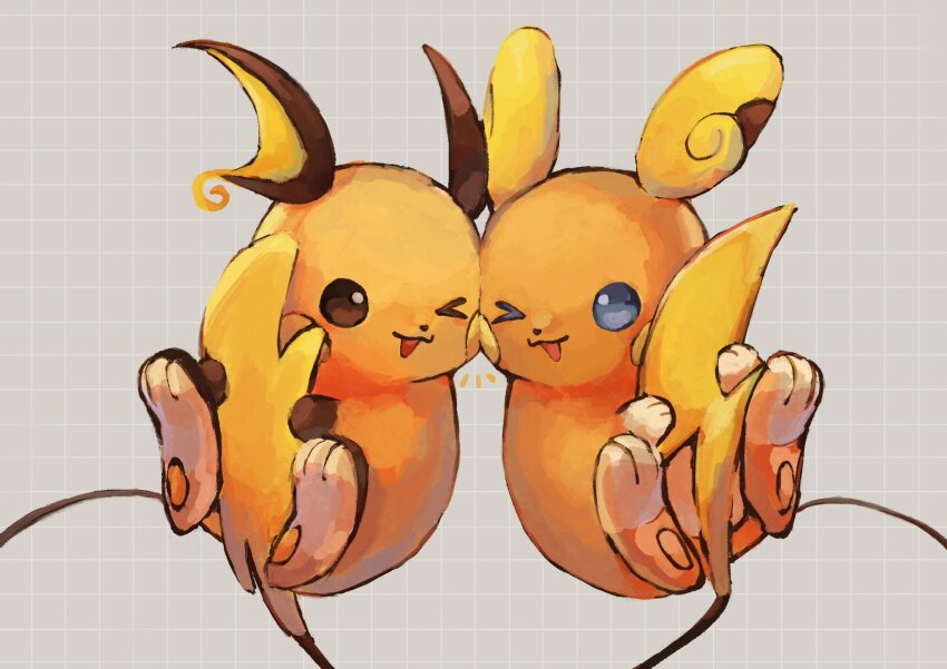 alolan_form alolan_raichu blue_eyes brown_eyes commentary_request floating gen_1_pokemon gen_7_pokemon highres holding_own_tail mukomaru nintendo no_humans one_eye_closed open_mouth pokemon pokemon_(creature) raichu smile tail