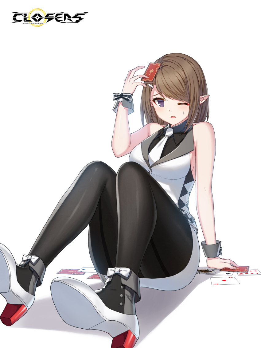 1girl ;o ace_(playing_card) ace_of_hearts alternate_hair_color ankle_boots arm_support back-seamed_legwear bare_arms bare_shoulders belt black_boots black_bow black_pantyhose black_shirt bob_cut boots bow breasts brown_hair card closers collared_shirt copyright_name croupier dress_shirt eight_of_diamonds_(playing_card) fallen_down fold-over_boots footwear_bow four_of_clubs full_body furrowed_brow grey_wrist_cuffs hand_up heart high_heels highres knees_up levia_(closers) logo medium_breasts miniskirt multicolored_boots necktie no_pupils object_on_head official_art on_ground one_eye_closed pantyhose pencil_skirt playing_card pointy_ears purple_eyes queen_(playing_card) queen_of_clubs seamed_legwear shadow shirt short_hair sideboob sitting skirt sleeveless sleeveless_shirt solo sweat swept_bangs tachi-e two-tone_boots two_of_spades vest waistcoat white_background white_belt white_boots white_bow white_necktie white_skirt white_vest wrist_bow wrist_cuffs