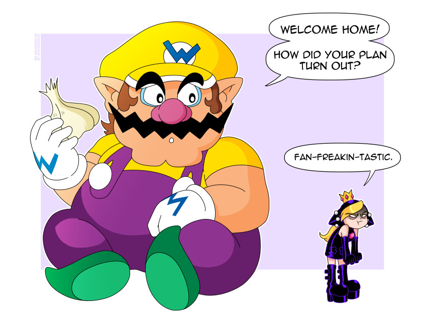 1boy 1girl :t absurdres angry annoyed bags_under_eyes bare_shoulders big_nose black_dress black_gloves blonde_hair boots brown_hair cabbie_hat cleft_chin clenched_hand cross_cutout crown dress elbow_gloves facial_hair failure food garlic gloves hair_over_one_eye hat highres holding holding_food hood hood_up hooded_dress hunched_over initial latex latex_dress leather_dress letter_print long_hair mario_(series) mario_power_tennis mario_tennis mini_crown mini_person minigirl mustache nico-neko nintendo on_floor overalls pink_gemstone platform_boots platform_footwear pointy_ears pout purple_dress purple_gloves purple_overalls shaded_face shirt sideways_glance sitting wario warupeach white_gloves x_cutout yellow_hat yellow_shirt