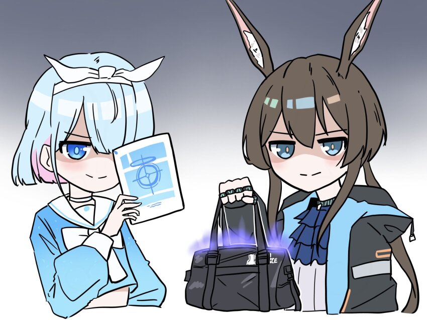 2girls amiya_(arknights) animal_ears arknights arona_(blue_archive) bag blue_archive blue_eyes blue_hair brown_hair evil_smile gacha_(game_mechanic) glowing gradient_background highres holding holding_bag hood hooded_coat jewelry mikita_casdy multiple_girls rabbit_ears ring sailor_collar shaded_face smile white_sailor_collar