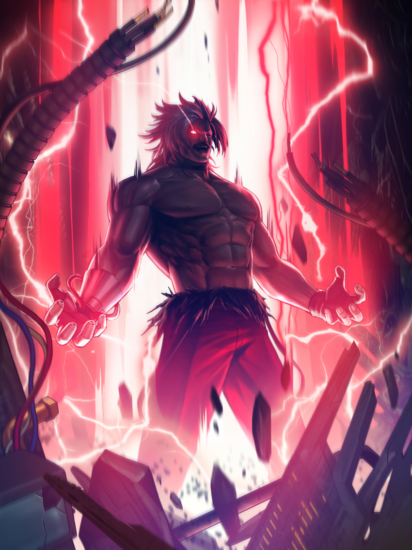 abs bare_pectorals biceps cyborg glowing glowing_eye harness heterochromia highres male_focus manly mechanical_arms mechabare muscular muscular_male official_art omega_rugal open_hands pants pectorals rugal_bernstein single_mechanical_arm snk solo suspenders suspenders_slip the_king_of_fighters the_king_of_fighters_&#039;95 the_king_of_fighters_all-stars