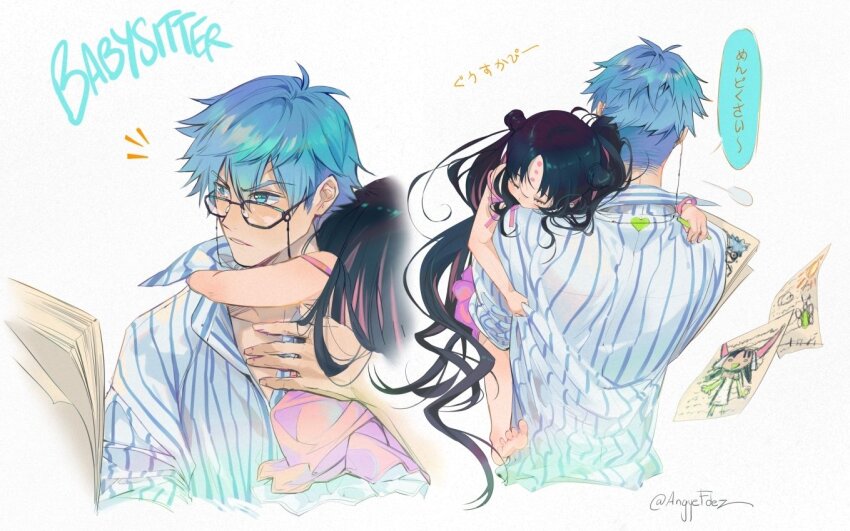 1boy 1girl angye_fdez blue_hair carrying child&#039;s_drawing collared_shirt fate/grand_order fate_(series) glasses hans_christian_andersen_(adult)_(fate) hans_christian_andersen_(fate) long_hair sessyoin_kiara sessyoin_kiara_(lily) shirt short_hair sleeping very_long_hair