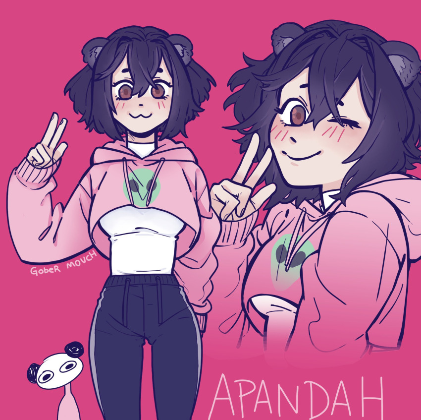 1girl animal_ears apandah_(youtube) artist_request bear_ears black_hair blush brown_eyes crop_top genderswap genderswap_(mtf) hair_between_eyes highres hood hoodie long_sleeves one_eye_closed panda_ears pink_background pink_hoodie raised_eyebrows simple_background smile tagme variations youtube