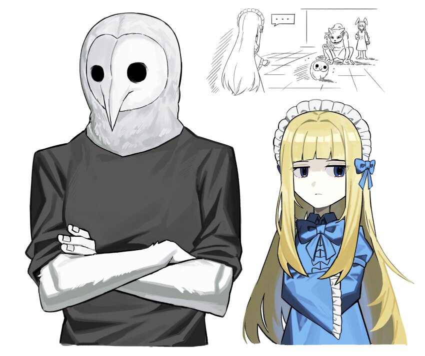 1boy 3girls animal_head asdf1211950 black_shirt black_souls black_souls_2 blonde_hair blue_bow blue_eyes bow cheshire_cat_(black_souls) crossed_arms doll_alice_(black_souls) frilled_sleeves frills hair_bow highres juliet_sleeves long_hair long_sleeves lorde_(black_souls) maid_headdress multiple_girls node_(black_souls) owl_boy puffy_sleeves shirt sidelocks spoilers upper_body very_long_hair wide_sleeves