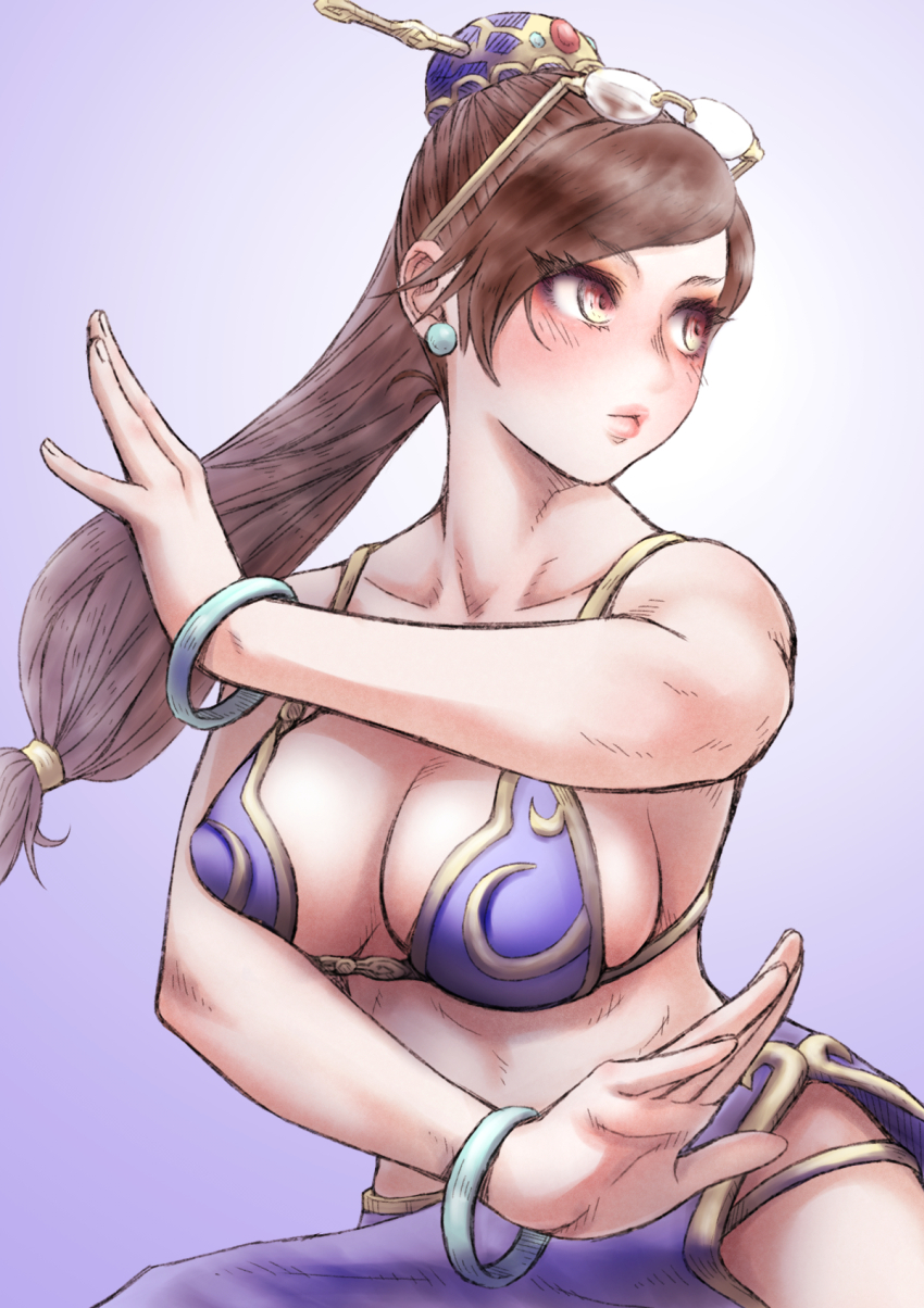 1girl bra bracelet breasts brown_hair capcom chun-li delarocha82 earrings fighting_stance hair_ornament highres jewelry large_breasts long_hair skirt street_fighter underwear