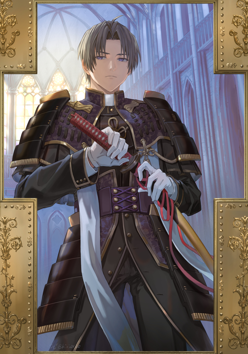 1boy armor backlighting belt black_coat black_pants black_sleeves blue_eyes border brown_hair buttoned_cuffs buttons church closed_mouth coat cowboy_shot curtained_hair gloves gold_border heshikiri_hasebe highres holding holding_sword holding_weapon indoors japanese_armor katana kote long_sleeves male_focus mint_(kiri0120) ornate_border pants parted_bangs red_ribbon ribbon short_hair sideways_glance signature solo straight-on sword touken_ranbu weapon white_gloves