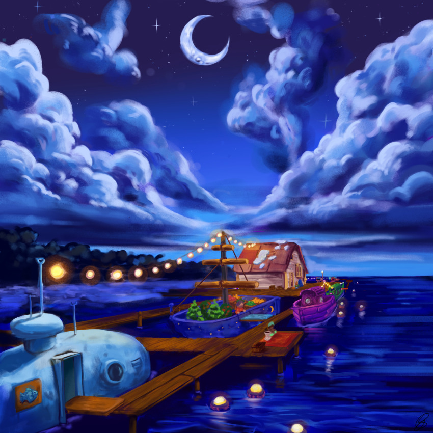 boots building buoy cloud crescent_moon davinciwannabe dock highres lake lights moon night night_sky pier rug scenery sky star_(sky) stardew_valley starry_sky