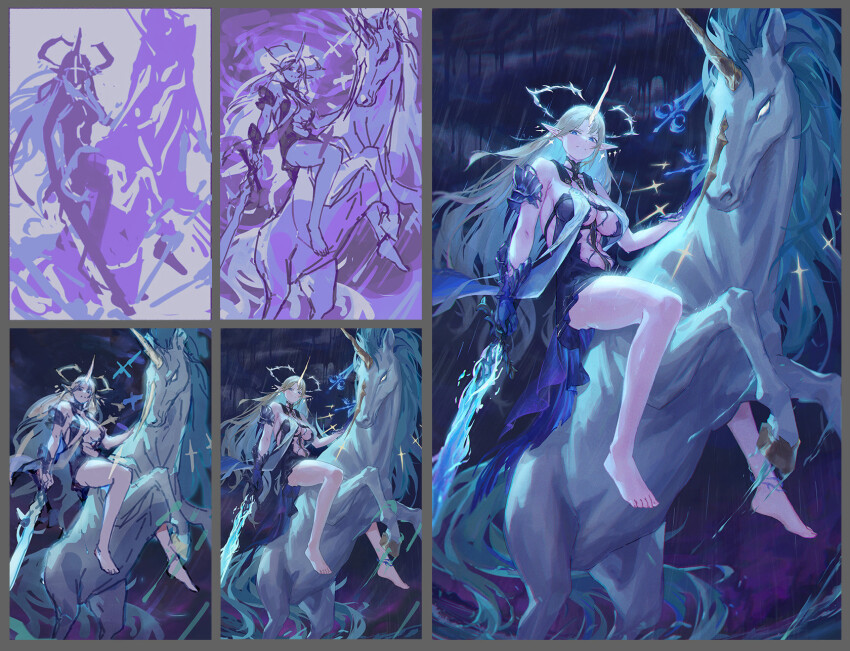 1girl bare_legs bare_shoulders barefoot black_collar black_dress blonde_hair blue_eyes blue_hair breasts center_opening closed_mouth collar colored_inner_hair commentary crown_of_thorns dress earrings english_commentary fleurdelys_(wuthering_waves) floating_earrings highres holding holding_sword holding_weapon imperator_(wuthering_waves) jewelry large_breasts legs long_hair looking_at_viewer making-of multicolored_hair navel outdoors pointy_ears rain revision riding stomach sword tabard tacet_mark_(wuthering_waves) thighs toes unicorn very_long_hair weapon white_tabard wuthering_waves zheng_jian