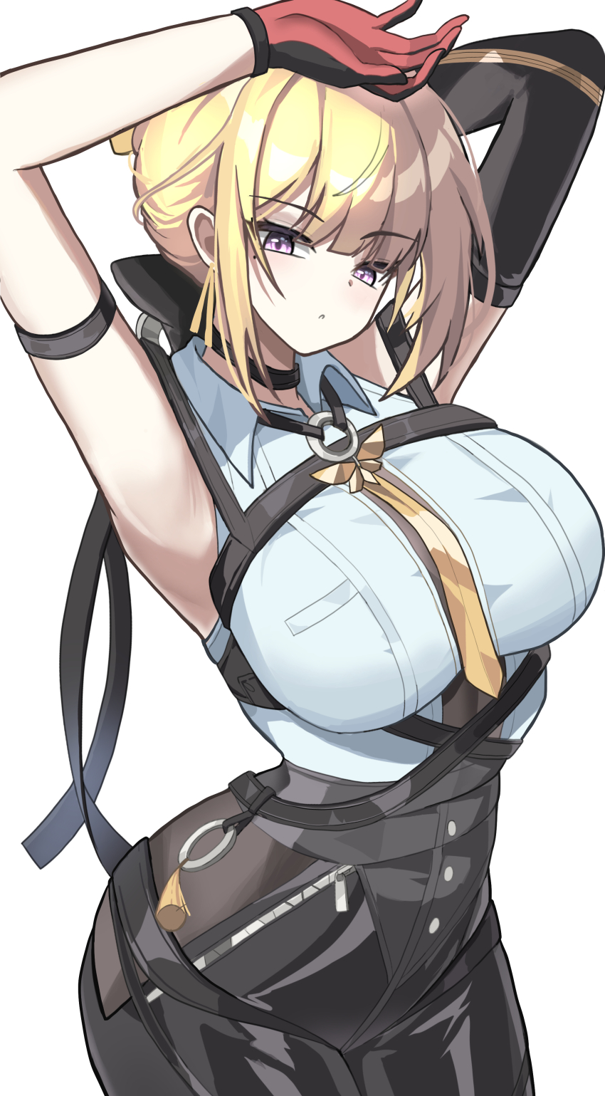 1girl absurdres arm_strap armpits arms_up black_choker black_gloves blonde_hair breasts chest_harness choker collared_shirt cowboy_shot elbow_gloves evelyn_chevalier fahufahu gloves half_gloves harness high-waist_pants highres large_breasts latex_pants necktie pants purple_eyes shirt single_elbow_glove single_half_glove tight_clothes tight_pants white_background white_shirt yellow_necktie zenless_zone_zero