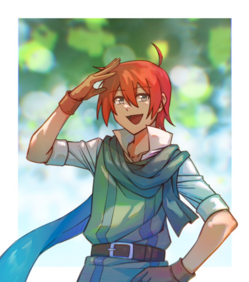 1boy :d adol_christin ahoge arkibk belt blurry blurry_background border brown_gloves commentary_request gloves green_scarf grey_eyes hand_on_own_hip high_collar highres male_focus open_mouth outside_border red_hair salute scarf short_hair smile white_border ys