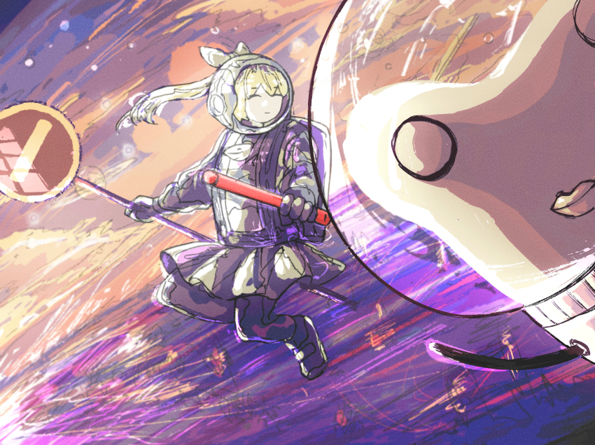 1girl absurdres bow closed_eyes closed_mouth commentary_request cookie_(touhou) dahaoli daiyousei diyusi_(cookie) expressionless full_body gloves green_hair grey_footwear grey_gloves grey_skirt hair_bow hair_through_headwear helmet hide_(acceed) high_ponytail highres holding holding_sign limited_palette long_hair manatsu_no_yo_no_inmu mary_janes no_entry_sign offside:_diyusi ponytail road_sign shoes sign skirt space_helmet touhou