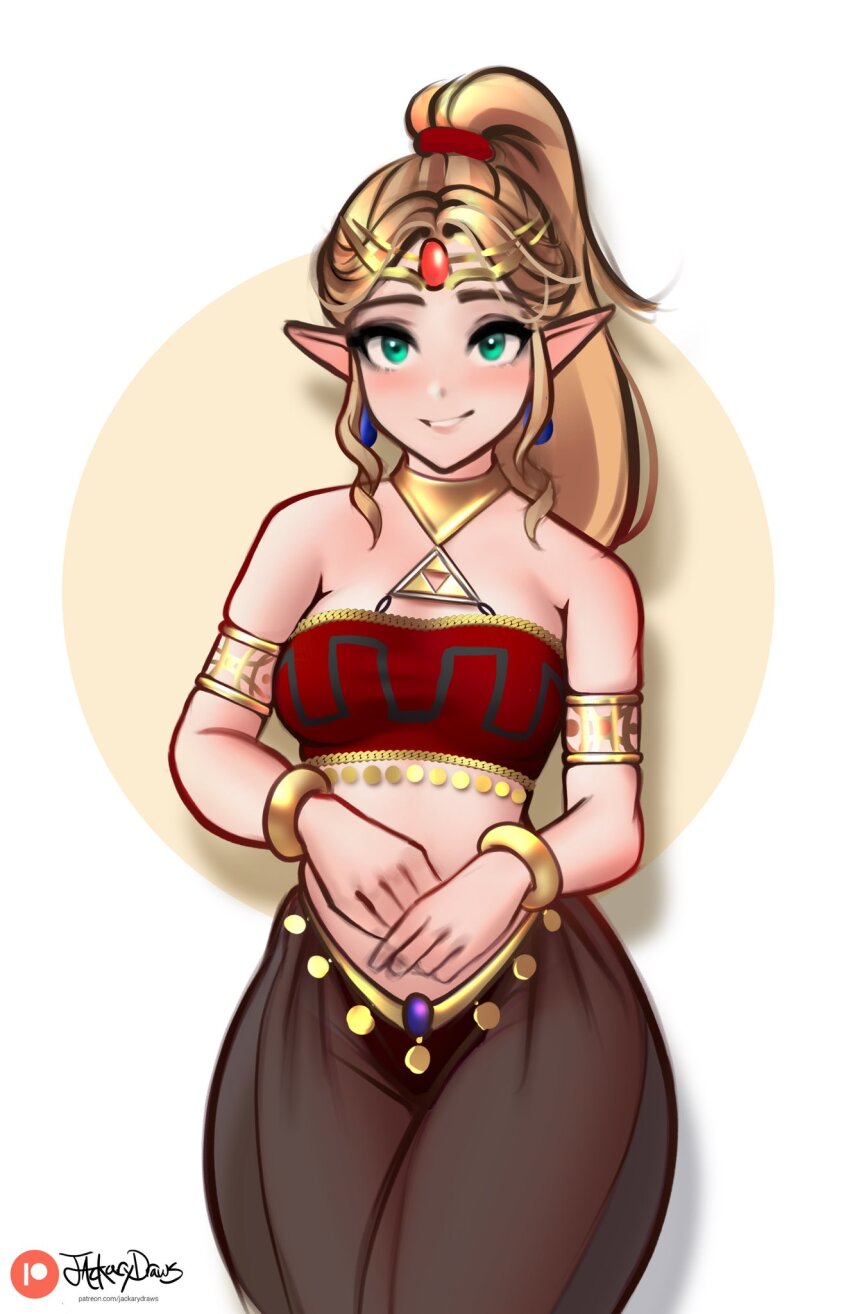 1girl arabian_clothes armlet bare_shoulders black_pants blonde_hair bracelet breasts brown_background commentary cowboy_shot crop_top dancer dancing_outfit_(zelda) earrings english_commentary harem_outfit highres jackary jewelry long_hair medium_breasts nintendo pants pointy_ears ponytail princess_zelda signature smile solo teeth the_legend_of_zelda the_legend_of_zelda:_echoes_of_wisdom triforce white_background