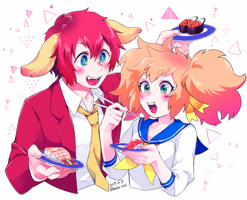 1boy 1girl animal_ears blue_eyes blush bright_pupils character_request cropped_torso dated den1208 dog_ears eyelashes fang food hair_between_eyes holding holding_plate kaiten_muten-maru_sushi_pet neckerchief necktie open_mouth plate red_hair roe sailor_collar shirt sushi twitter_username white_background white_pupils white_shirt yellow_neckerchief yellow_necktie