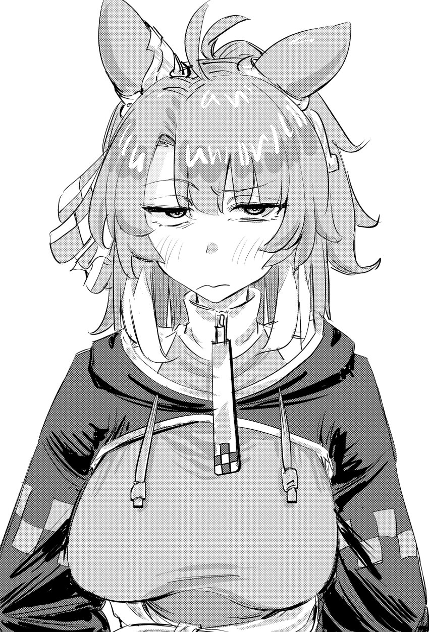 1girl absurdres ahoge animal_ears blush breasts checkered_clothes dantsu_flame_(umamusume) ear_covers glaring hair_ornament highres horse_ears horse_girl murderdoll1641 oversized_zipper raised_eyebrows solo sweater swept_bangs tassel umamusume unamused wavy_mouth white_background zipper