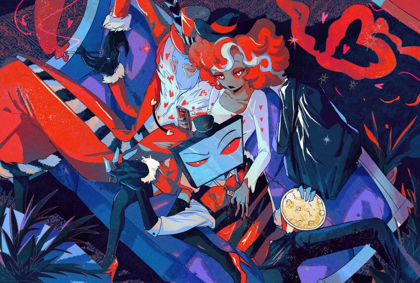 1girl 2boys balsang black_pants black_thighhighs demon_boy demon_girl dress hazbin_hotel high_heels highres looking_at_viewer lying multiple_boys on_lap on_shoulder pants raised_eyebrows television thighhighs valentino_(hazbin_hotel) velvette_(hazbin_hotel) vox_(hazbin_hotel) white_dress