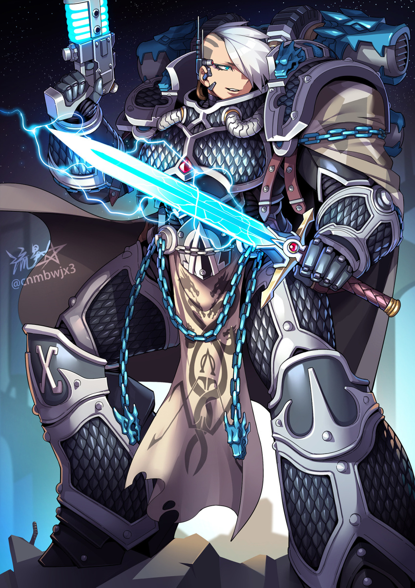 1girl alpha_legion alpharius alpharius_omegon armor breastplate cape chain full_armor gauntlets genderswap genderswap_(mtf) greaves highres holding holding_sword holding_weapon omegon pauldrons plasma_pistol power_armor primarch ryuusei_(mark_ii) short_hair shoulder_armor signature standing sword undercut warhammer_40k weapon white_hair