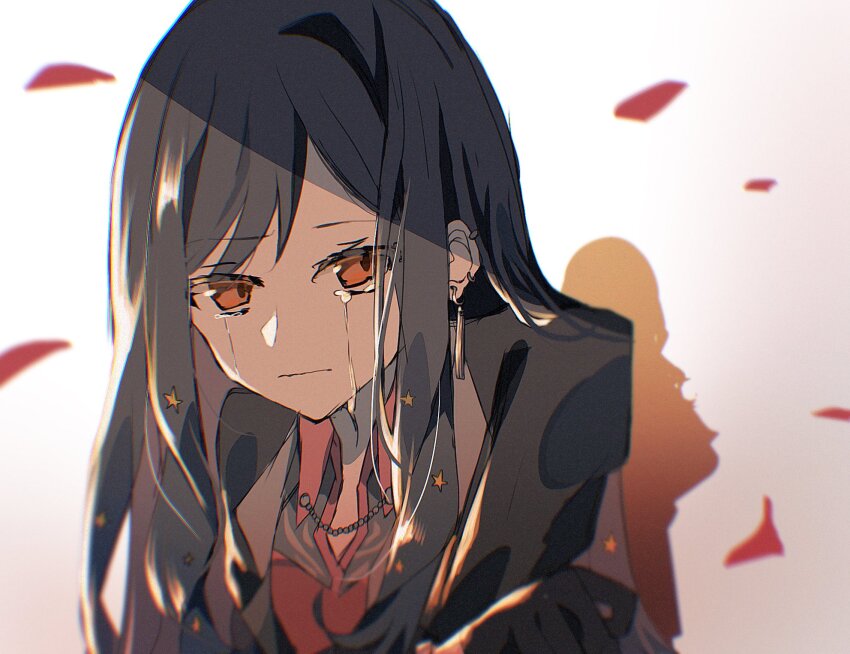 1girl anemonelove black_gloves black_hair black_jacket closed_mouth collared_shirt commentary crying crying_with_eyes_open ear_piercing earrings falling_petals film_grain gloves hair_ornament highres jacket jewelry long_hair looking_at_viewer orange_eyes parted_bangs petals piercing project_sekai red_shirt shade shadow shiraishi_an shirt solo star_(symbol) star_hair_ornament symbol-only_commentary tears upper_body