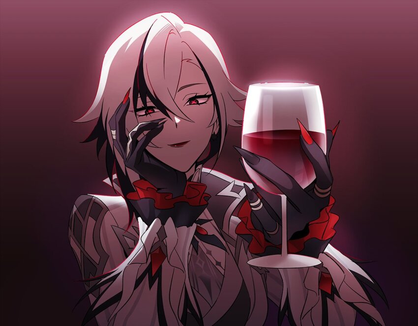 1girl alcohol angduuuu_(ghost) arlecchino_(genshin_impact) black_background black_eyes black_gloves black_hair black_nails bright_pupils commentary cup drinking_glass english_commentary fingernails frilled_sleeves frills genshin_impact gloves gradient_background hair_between_eyes hand_on_own_cheek hand_on_own_face hands_up jewelry light_smile lipstick long_sleeves makeup multicolored_hair multicolored_nails multiple_rings nails_visible_through_gloves open_collar portrait red_background red_lips red_nails red_pupils red_wine ring sharp_fingernails short_hair single_sidelock solo symbol-shaped_pupils toasting_(gesture) two-tone_hair white_hair wine wine_glass x-shaped_pupils