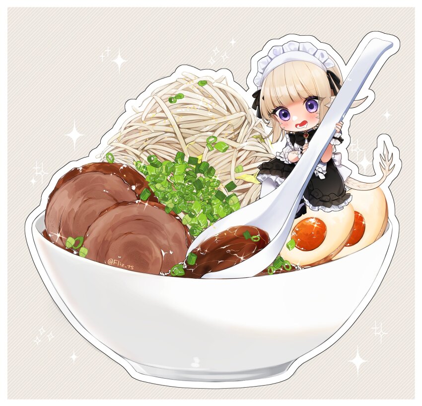 absurdres apron au_ra black_dress blonde_hair bowl chibi chopped_spring_onion dragon_horn dragon_tail dress drooling egg_(food) final_fantasy final_fantasy_xiv flat_chest fliz_ts food frilled_dress frills hair_ribbon highres holding holding_spoon jewelry lower_teeth_only maid maid_apron maid_headdress mini_person minigirl necklace noodles open_mouth purple_eyes ramen ribbon scales scrunchie short_hair signature simple_background sliced_meat spoon tail teeth thighhighs warrior_of_light_(ff14) white_apron white_headdress white_thighhighs wrist_scrunchie