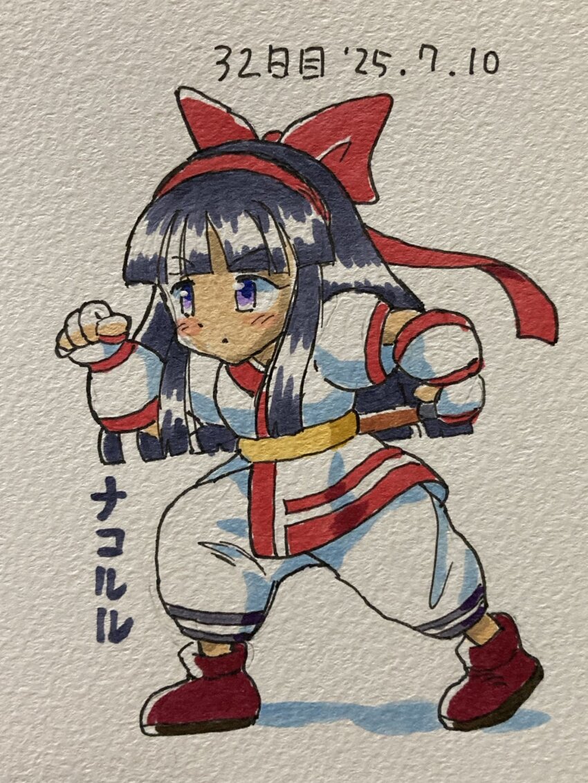 1girl ainu_clothes breasts character_name clenched_hand dated fighting_stance fingerless_gloves gloves hair_ribbon highres japanese_text legs long_hair medium_breasts nakoruru pants purple_eyes purple_hair ribbon samurai_spirits snk solo the_king_of_fighters thighs traditional_media translated weapon