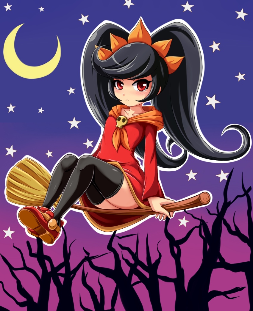 1girl alternate_legwear ashley_(warioware) big_hair black_hair black_thighhighs blush broom broom_riding closed_mouth collarbone commentary_request crescent_moon dress female_focus flat_chest full_body gradient_background hairband halloween highres long_hair long_sleeves moon neckerchief nintendo orange_hairband orange_neckerchief outline red_dress red_eyes red_shoes shoes sidesaddle sigurd_hosenfeld skull solo star_(symbol) thighhighs tree two-tone_background upskirt very_long_hair warioware white_outline