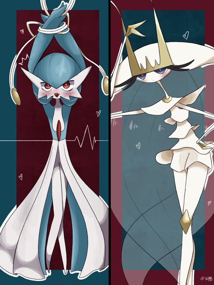 alternate_color blue_hair blue_skin blush bob_cut bound bound_wrists colored_skin dress gardevoir gen_3_pokemon gen_7_pokemon hand_on_own_hip heart highres inb795 multicolored_skin nintendo pheromosa pokemon pokemon_(creature) purple_eyes red_eyes shiny_pokemon two-tone_skin ultra_beast white_dress white_skin