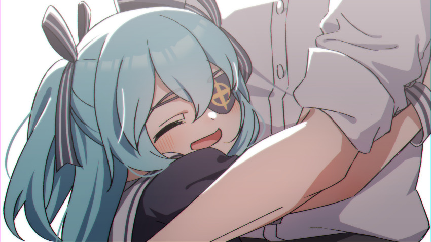 1boy 1girl absurdres aqua_hair closed_eyes collared_shirt dress enon1129 eyepatch hair_ribbon hat highres hug last_origin long_hair long_sleeves lrl_(last_origin) ribbon sailor_dress sailor_hat shirt simple_background sleeves_rolled_up smile two_side_up wrist_cuffs