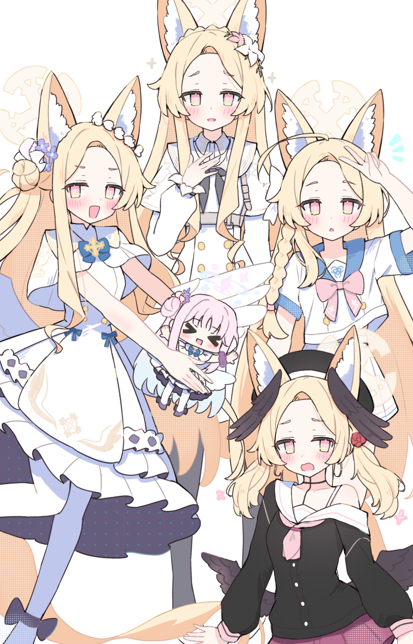 &gt;_&lt; 1girl :d animal_ear_fluff animal_ears black_hat black_ribbon black_shirt black_wings blonde_hair blue_archive blue_flower blue_sailor_collar blush bow bowtie braid capelet cosplay dress feathered_wings flower forehead fox_ears fox_girl fox_tail hair_between_eyes hair_bun hair_flower hair_ornament hair_over_shoulder hair_scrunchie hanako_(blue_archive) hanako_(blue_archive)_(cosplay) hand_on_own_chest hat highres koharu_(blue_archive) koharu_(blue_archive)_(cosplay) long_hair looking_at_viewer mika_(blue_archive) mika_(blue_archive)_(cosplay) nagisa_(blue_archive) nagisa_(blue_archive)_(cosplay) open_mouth pantyhose pink_bow pink_bowtie pink_eyes pink_skirt red_flower ribbon sailor_collar sateto_(user_knrf2332) scrunchie seia_(blue_archive) shirt sidelocks single_bare_shoulder single_braid skirt smile stuffed_toy tail twintails v white_capelet white_dress white_flower white_pantyhose white_sailor_collar white_scrunchie white_shirt white_skirt wings xd