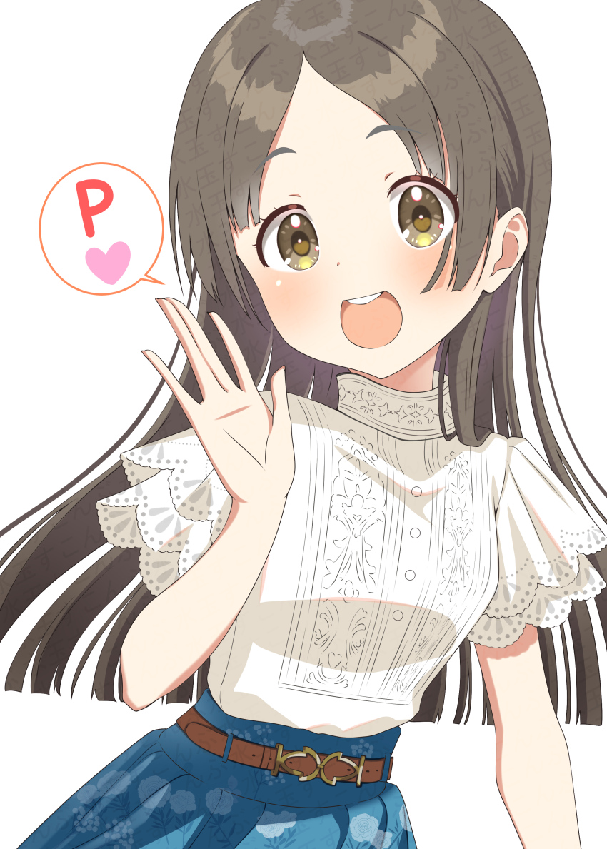 1girl absurdres belt black_hair blush breasts brown_eyes brown_hair commentary_request gakuen_idolmaster heart highres idolmaster kuramoto_china long_hair open_mouth simple_background small_breasts solo spoken_heart sukonbu385 waving white_background