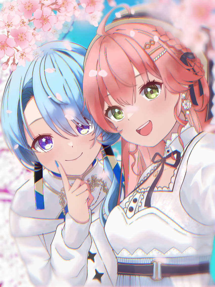 2girls absurdres ahoge belt black_ribbon blue_eyes blue_hair blue_nails blue_skirt blurry blurry_background blurry_foreground blush braid cherry_blossoms collared_shirt detached_collar dress earrings finger_to_mouth flower_earrings green_eyes hair_ornament hairclip hat highres hololive hoshimachi_suisei hoshimachi_suisei_(oriental_suit) jewelry long_sleeves looking_at_viewer multiple_girls neck_ribbon necklace nnorashinori o-ring o-ring_belt official_alternate_costume pink_hair ribbon sakura_miko sakura_miko_(street) selfie shirt skirt smile star_(symbol) star_in_eye straw_hat striped_clothes striped_skirt symbol_in_eye tassel tassel_earrings teeth upper_body upper_teeth_only vertical-striped_clothes vertical-striped_skirt virtual_youtuber white_dress white_shirt